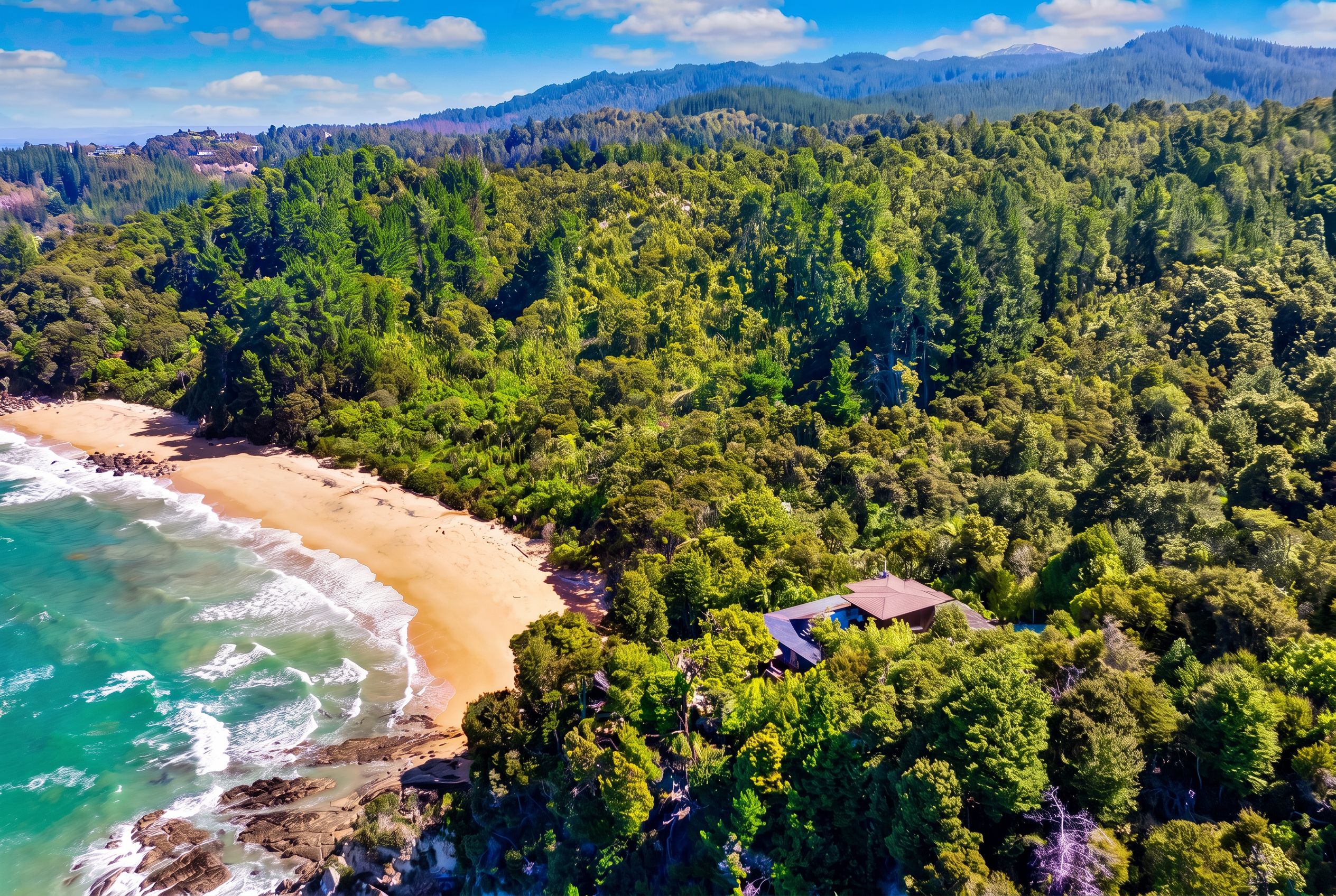 An aerial view of a coastal area with a beach, dense forest, and a small building.