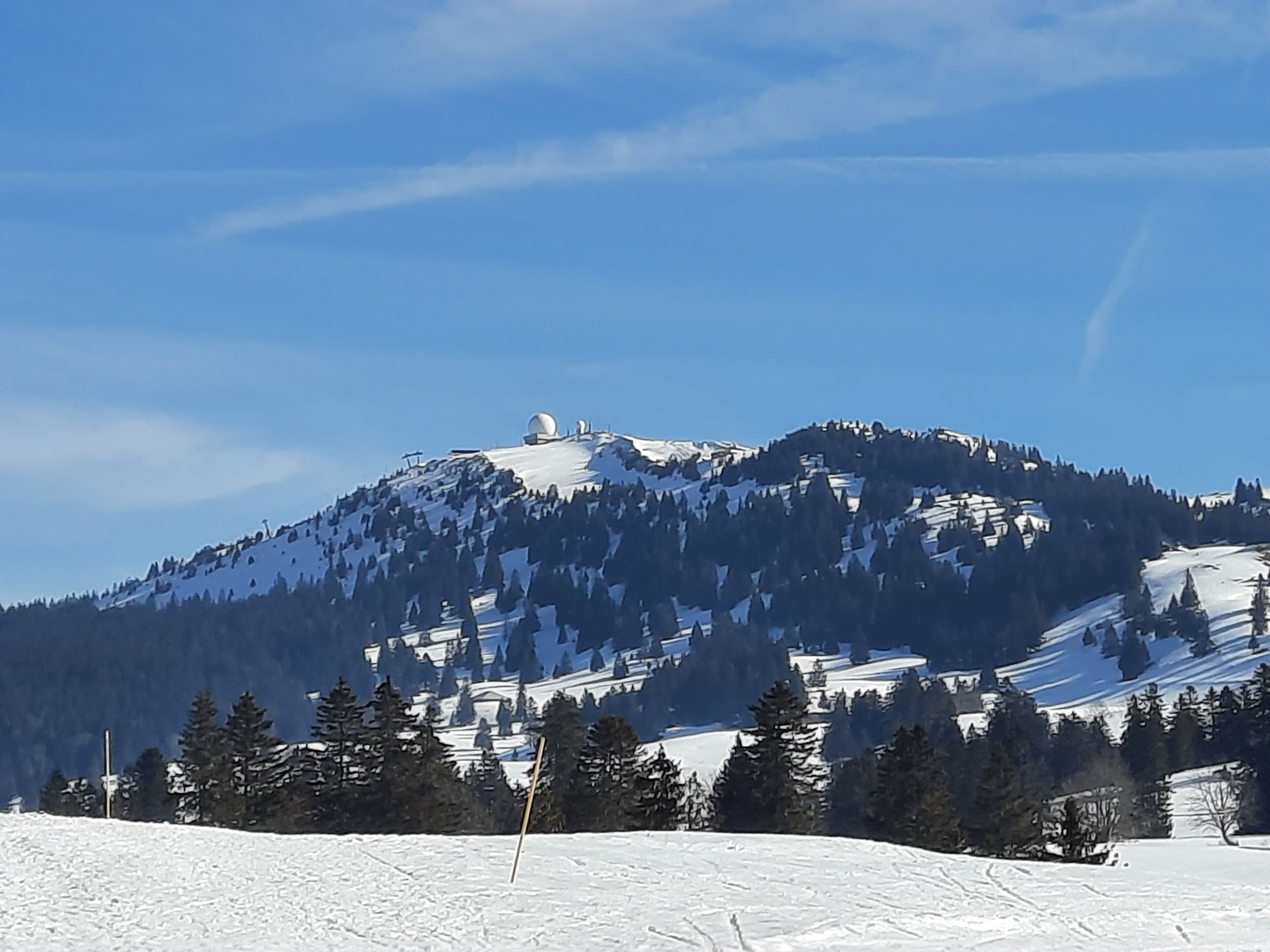 Une montagne enneigée, avec une piste de ski et des arbres au premier plan.