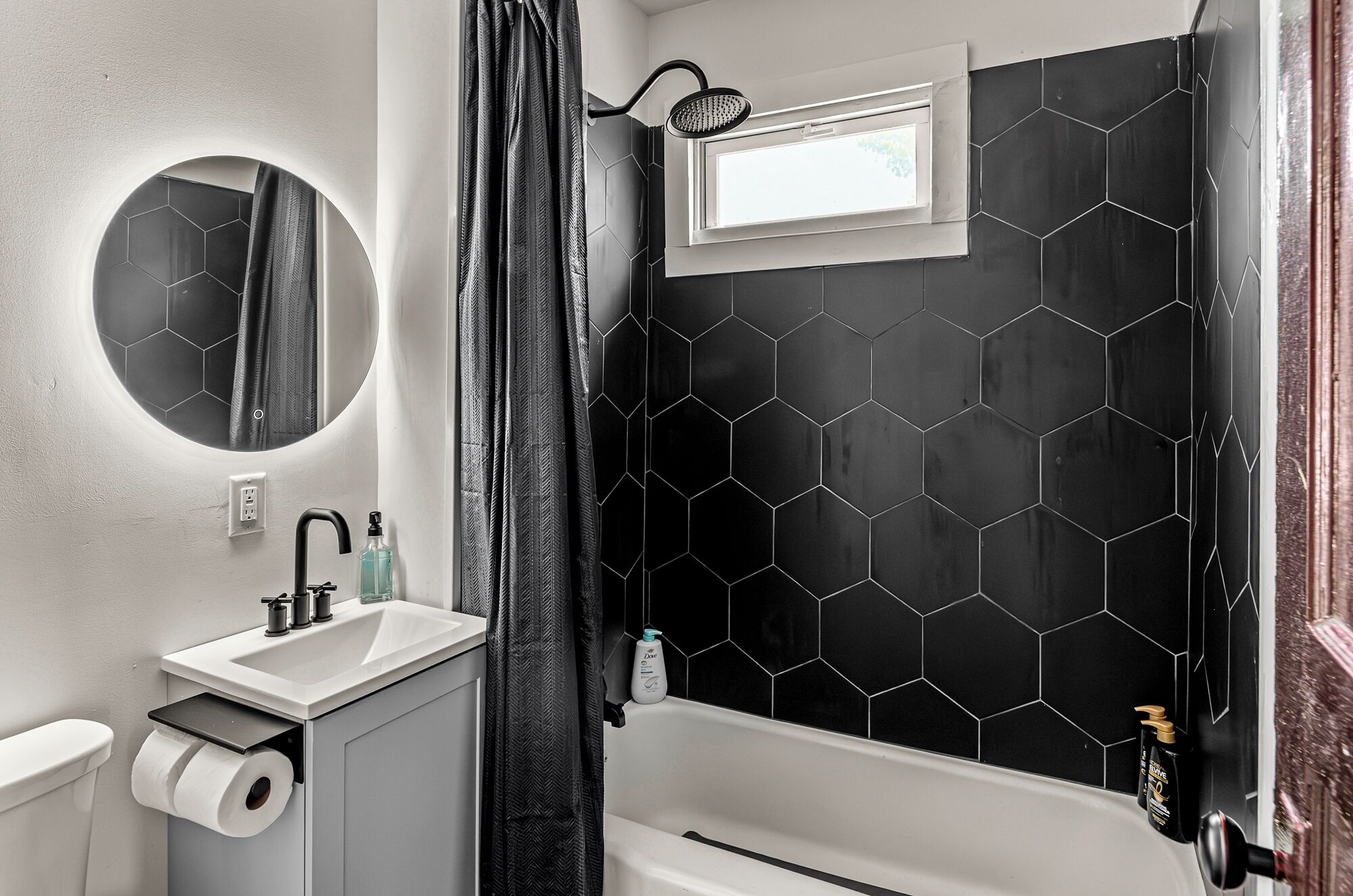 Hair dryer, towels, soap, toilet paper