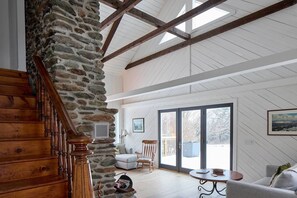 Smart TV, fireplace, books, video library