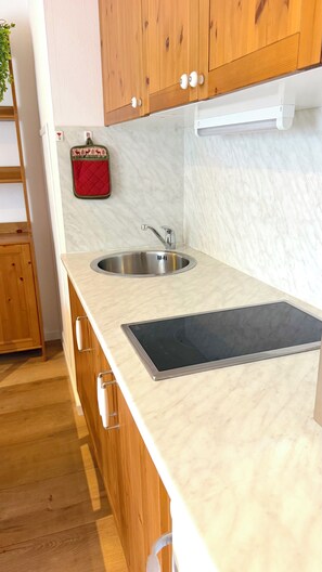 A kitchen with wooden cabinets, a stainless steel sink, and a black induction cooktop. - Mountain Spirit (Gérardmer)
