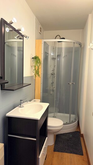Une salle de bain moderne avec une douche à parois de verre, un meuble-lavabo avec un miroir et des luminaires, et des toilettes.