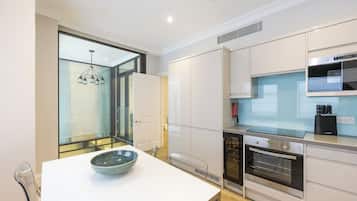 Full-sized fridge, microwave, oven, stovetop