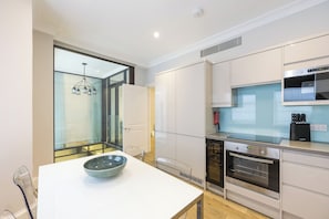 Full-sized fridge, microwave, oven, stovetop