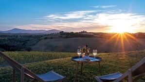 A table with a bottle and glasses on a grassy hill with a sunset view.