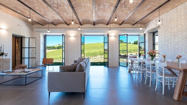 A spacious living area with a modern sofa, a dining table with chairs, and large windows offering a vineyard view.