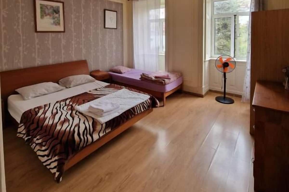 A room with a large bed, a smaller bed, a wooden dresser, and a standing fan.