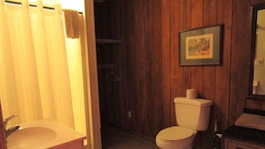 A bathroom with a toilet, sink, and a framed picture on the wall. - SpringHouse at Convict Springs (Mayo)