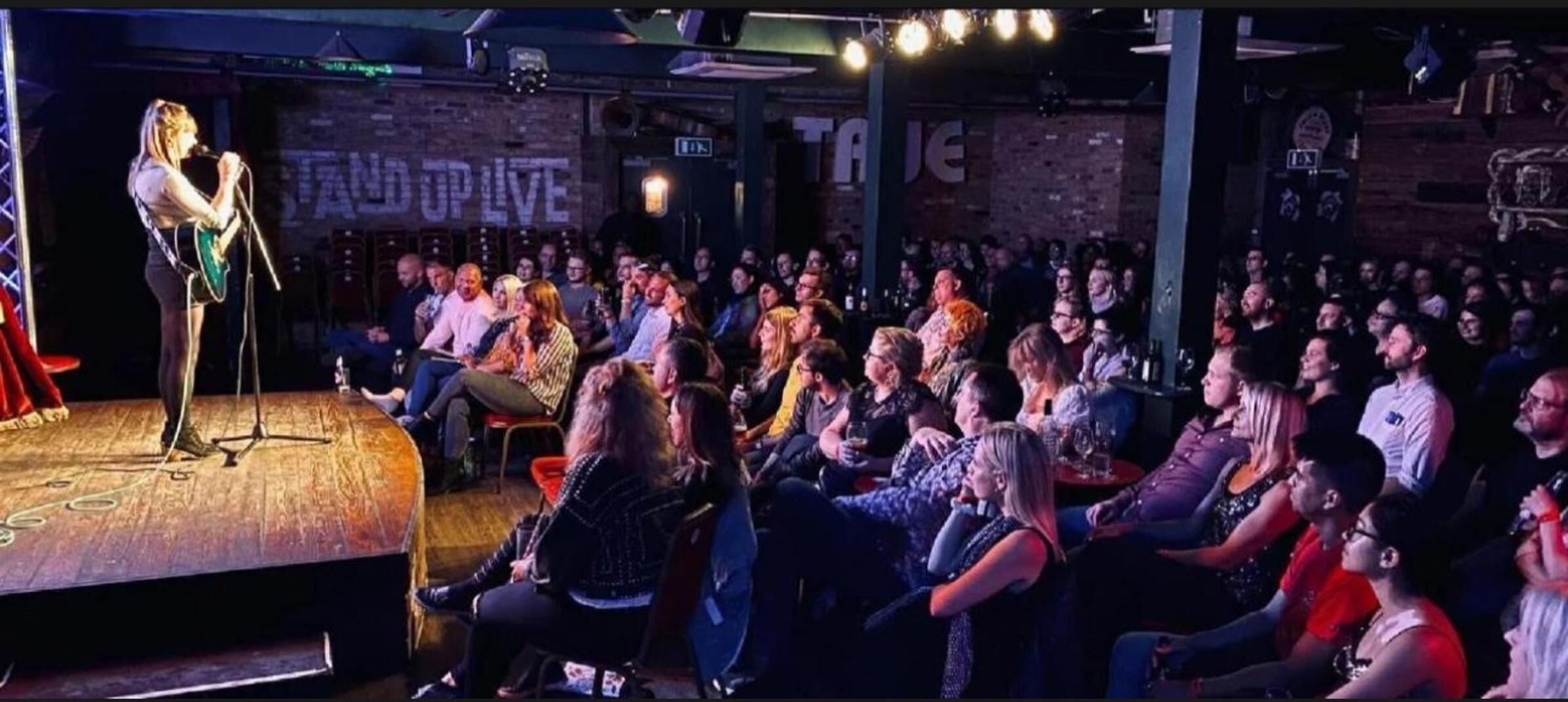 A concert with a performer on stage and an audience seated in a venue with brick walls and a stage.