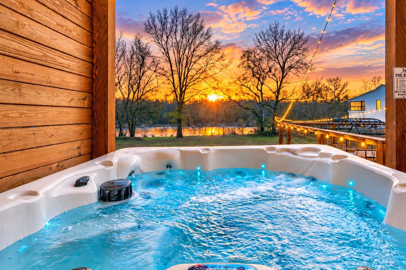 Een bubbelbad met uitzicht op een zonsondergang, omringd door houten wanden.