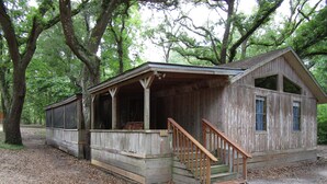 A rustic cabin with a porch and wooden stairs, surrounded by trees. - The Chalet On the Suwannee River (Mayo)