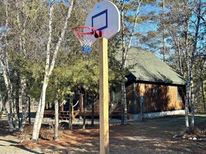 A basketball hoop in a wooded area with a wooden building in the background.