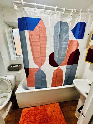 Hair dryer, towels, soap, shampoo