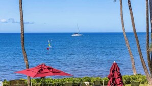 A beach view with a sailboat, palm trees, and a red umbrella. - Oceanview updated 1 bedroom condo, AC, 6 mile sandy beach (Kihei)