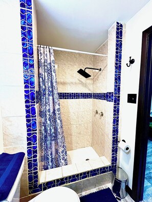 Hair dryer, towels, soap, shampoo