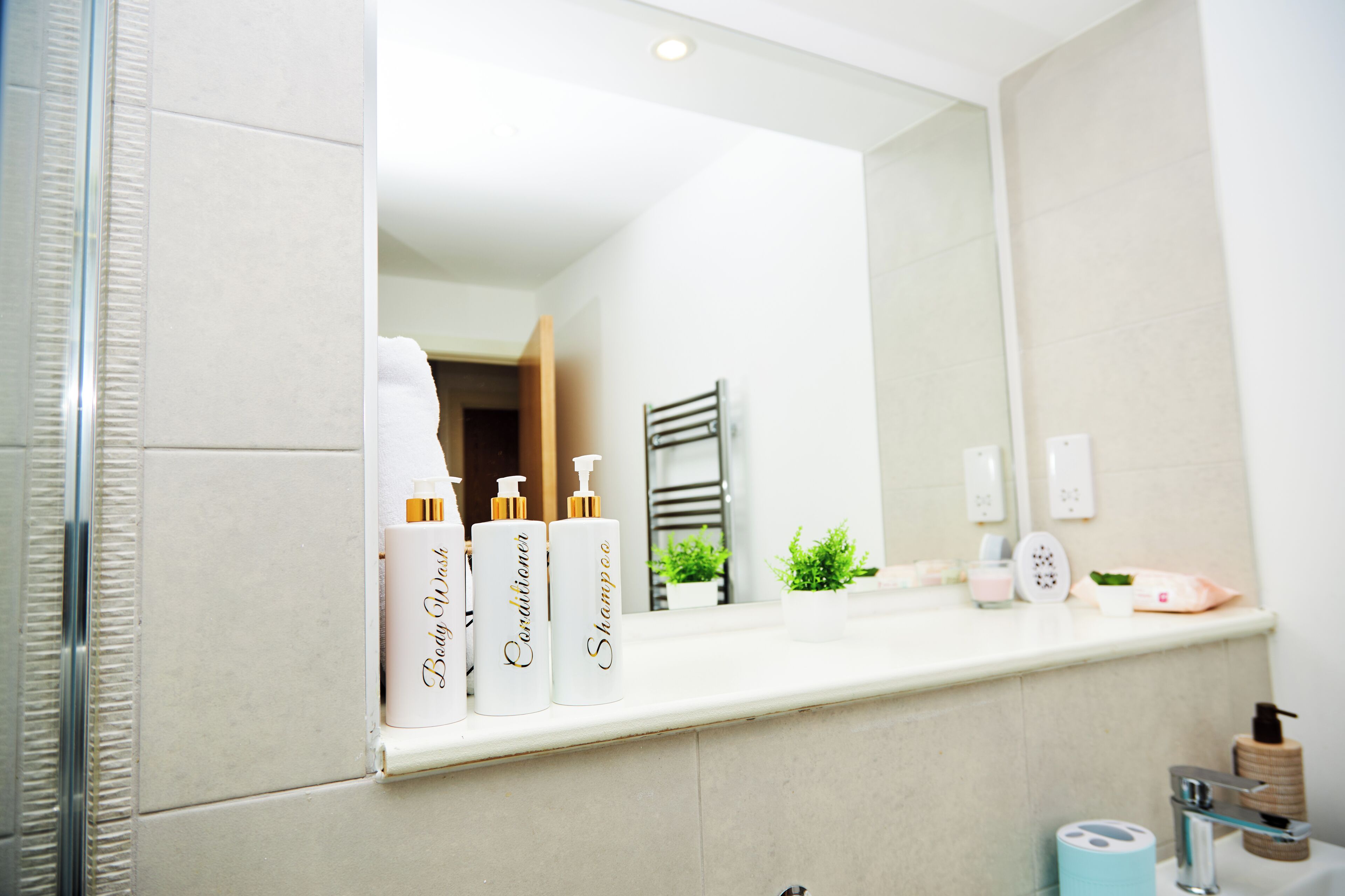 Shower, hair dryer, towels, soap