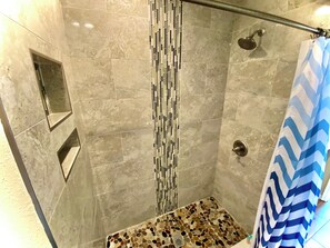 Hair dryer, towels, soap, shampoo
