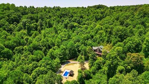 A secluded lodge surrounded by dense forest, featuring a swimming pool and a guesthouse.