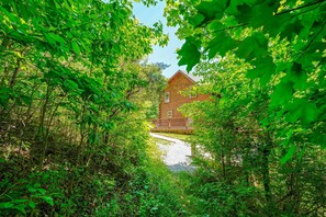A cabin surrounded by dense green foliage, with a gravel path leading to it. - Waccabuck | 17.5 Private Acres, Pool, Hot Tub (Logan)