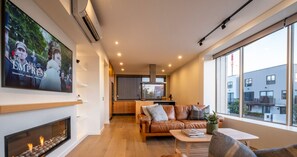 Una Smart TV, una chimenea, libros