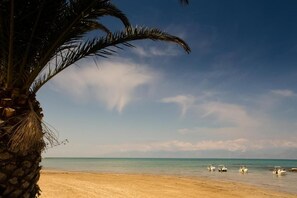 A beach with a palm tree, clear sky, and boats in the water.