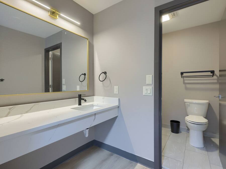 A modern bathroom with a white sink, a large mirror, and a toilet.