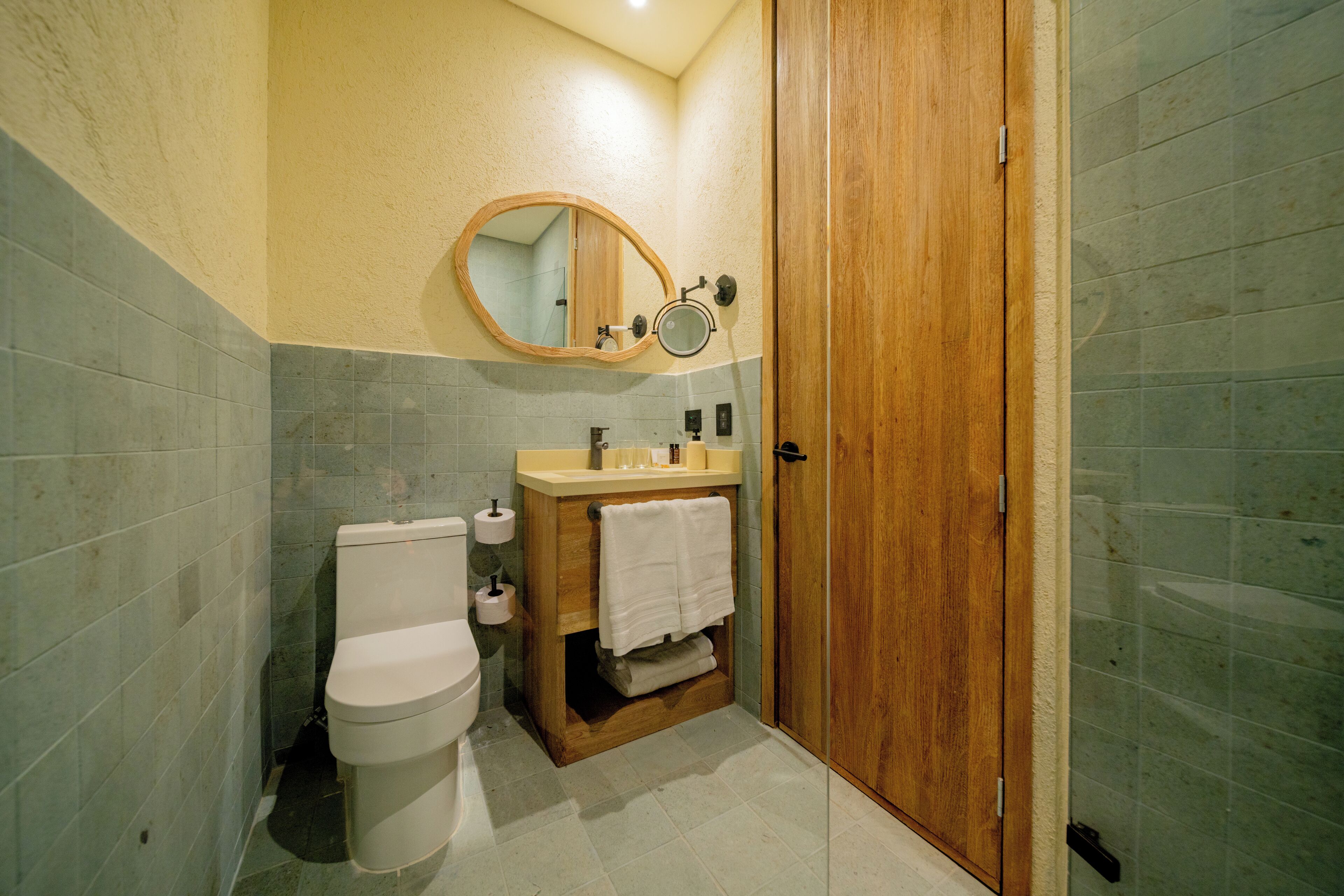 Un baño con inodoro, lavabo, espejo y puerta de madera.