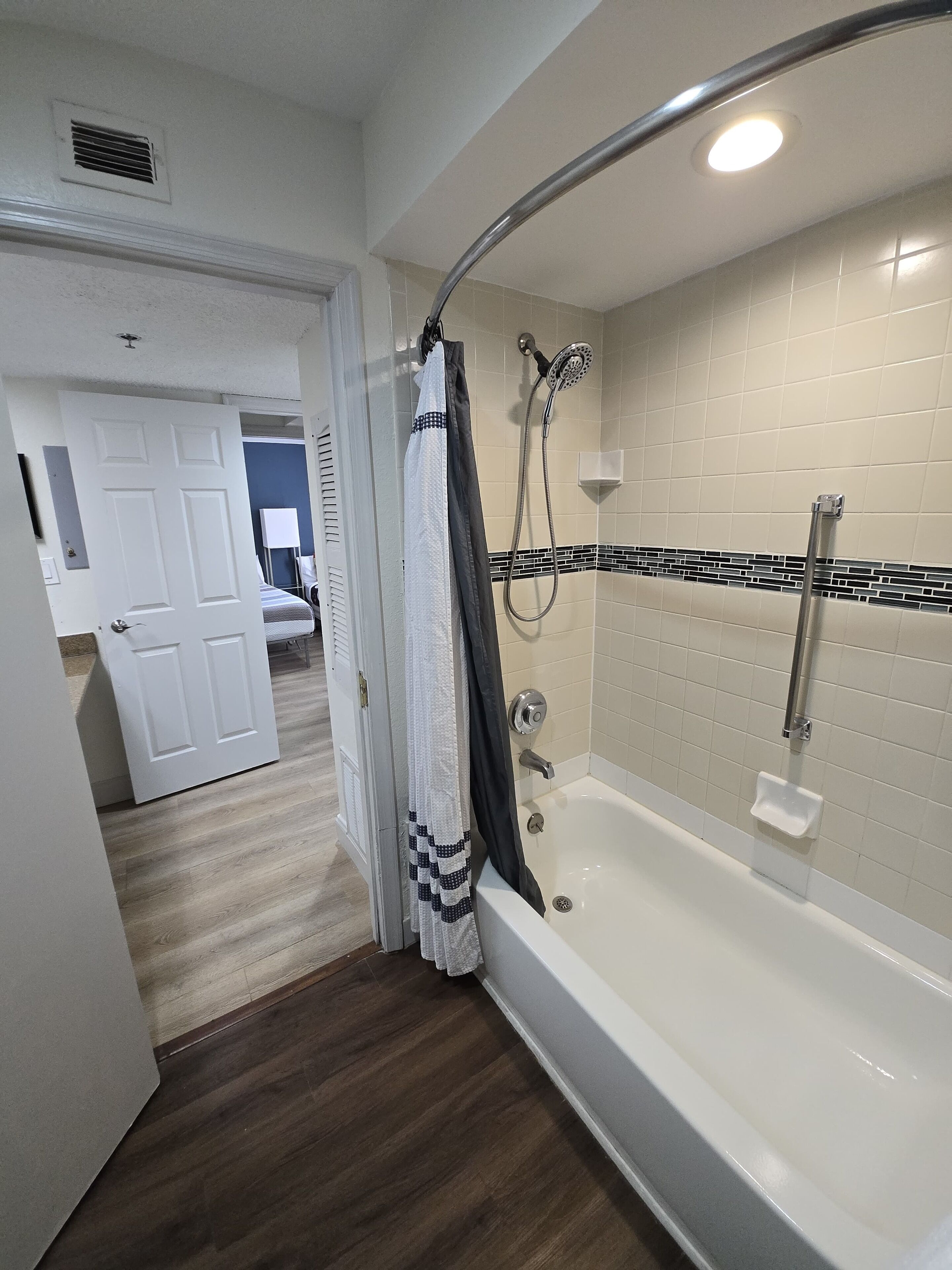 Hair dryer, towels, soap, shampoo