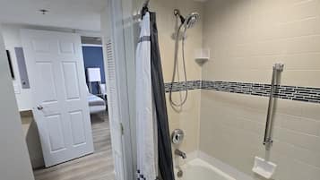 Hair dryer, towels, soap, shampoo