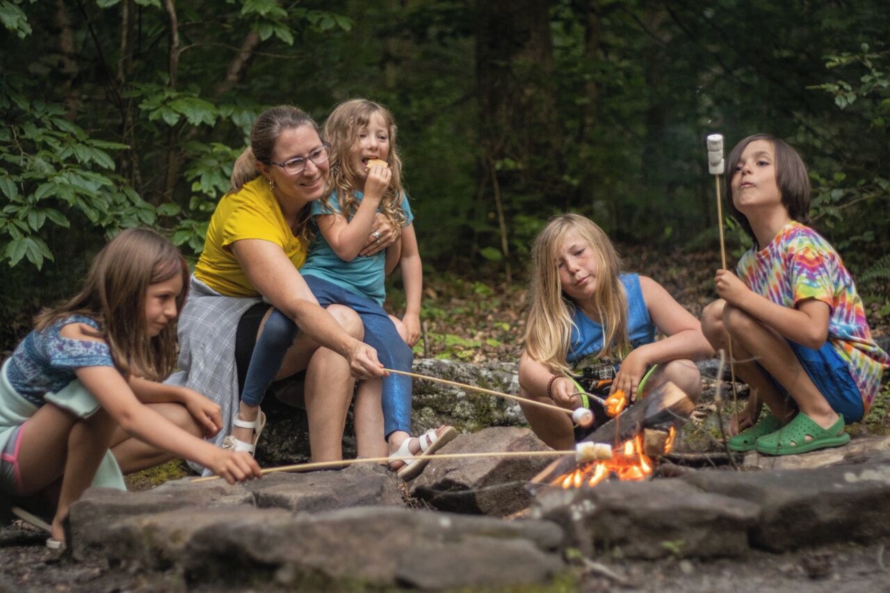 A group of people sitting around a campfire in a forested area.