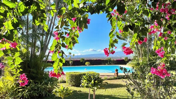Una piscina rodeada de exuberante vegetación y flores rosadas, con una vista despejada de una cordillera distante.