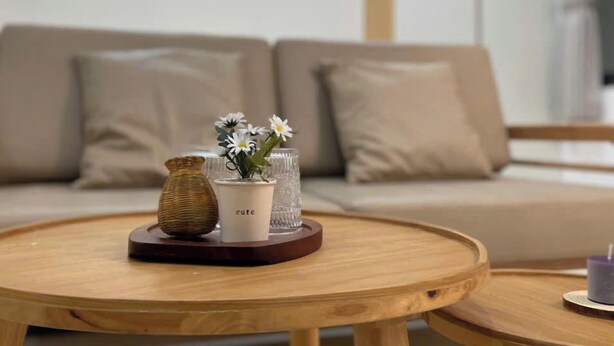 A living room with a round wooden coffee table in the foreground, a beige sofa with cushions, and a small potted plant on the table.
