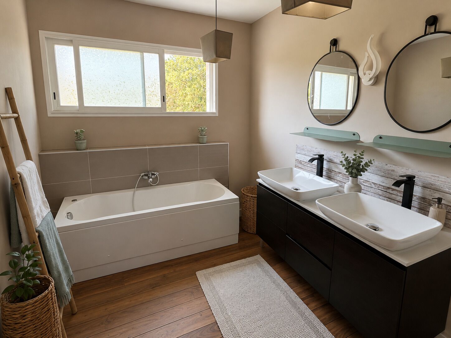 A modern bathroom with a freestanding bathtub, two sinks, and a large mirror.
