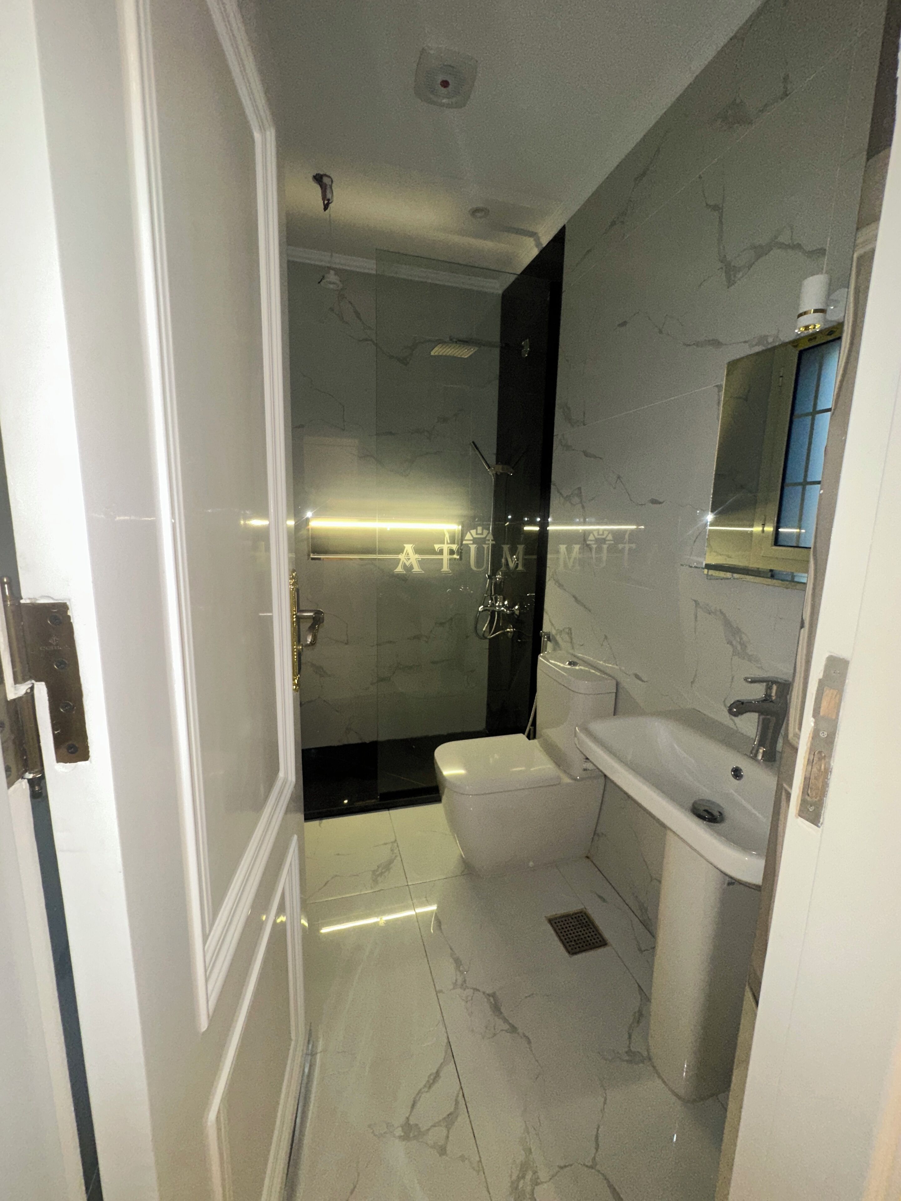A modern bathroom with a glass shower enclosure, a white toilet, and a pedestal sink.