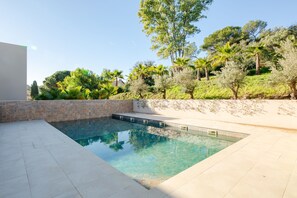 Una piscina rectangular con agua cristalina, rodeada por un borde de baldosas y un muro de ladrillo bajo.