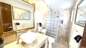 Shower, hair dryer, towels
