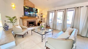 TV, fireplace, video games, stereo