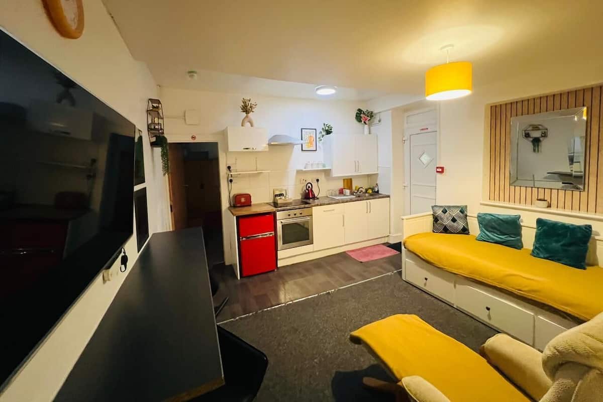 Un espace de vie compact comprenant une kitchenette, un canapé et un téléviseur.