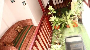 A staircase with a wooden railing, a sofa with patterned cushions, and a variety of potted plants on the landing. - BackpackerKilla (Machu Picchu)