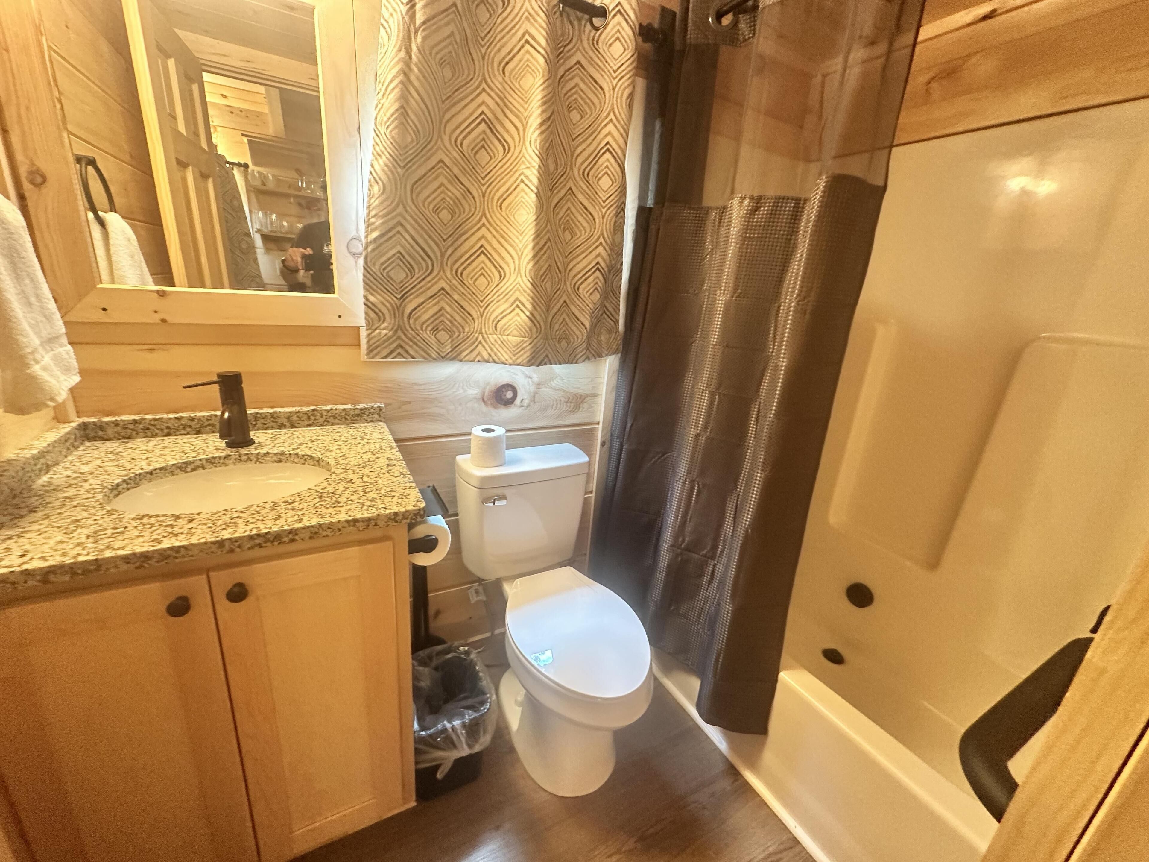 A bathroom with a granite countertop sink, a toilet, and a shower area.