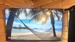 A flat-screen TV mounted on a wooden wall displaying a beach scene with a hammock.