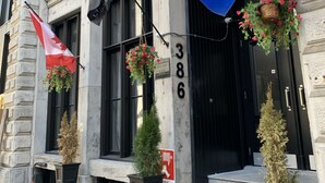 A building with a black door and the number 386. There are two potted plants on the steps and a hanging basket with flowers.