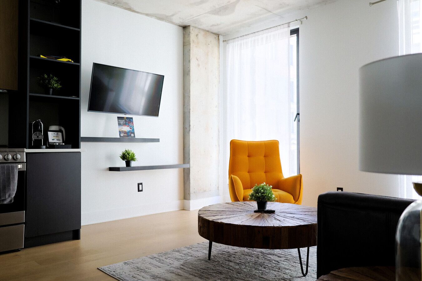 A modern living room with a flat-screen TV mounted on the wall, a round wooden coffee table with a plant, a bright orange armchair, and a black sofa.