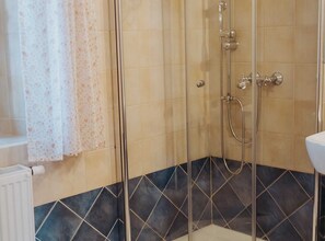 Shower, hair dryer, towels