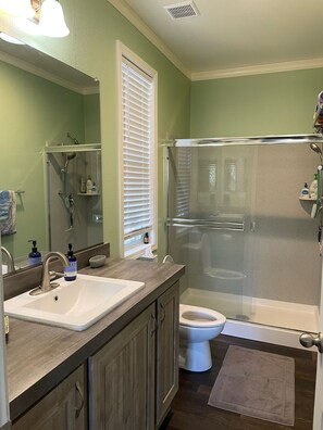 Hair dryer, towels, soap, toilet paper
