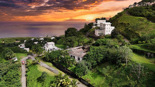 A coastal village with modern houses, lush greenery, and a winding road.