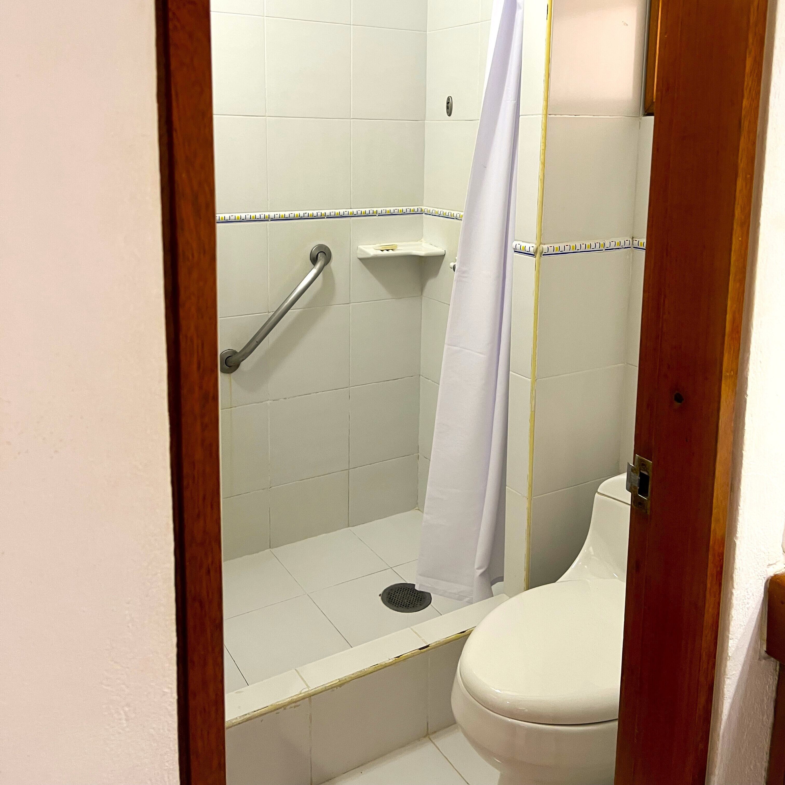 A small, enclosed shower area with a grab bar, a toilet, and a shower curtain.