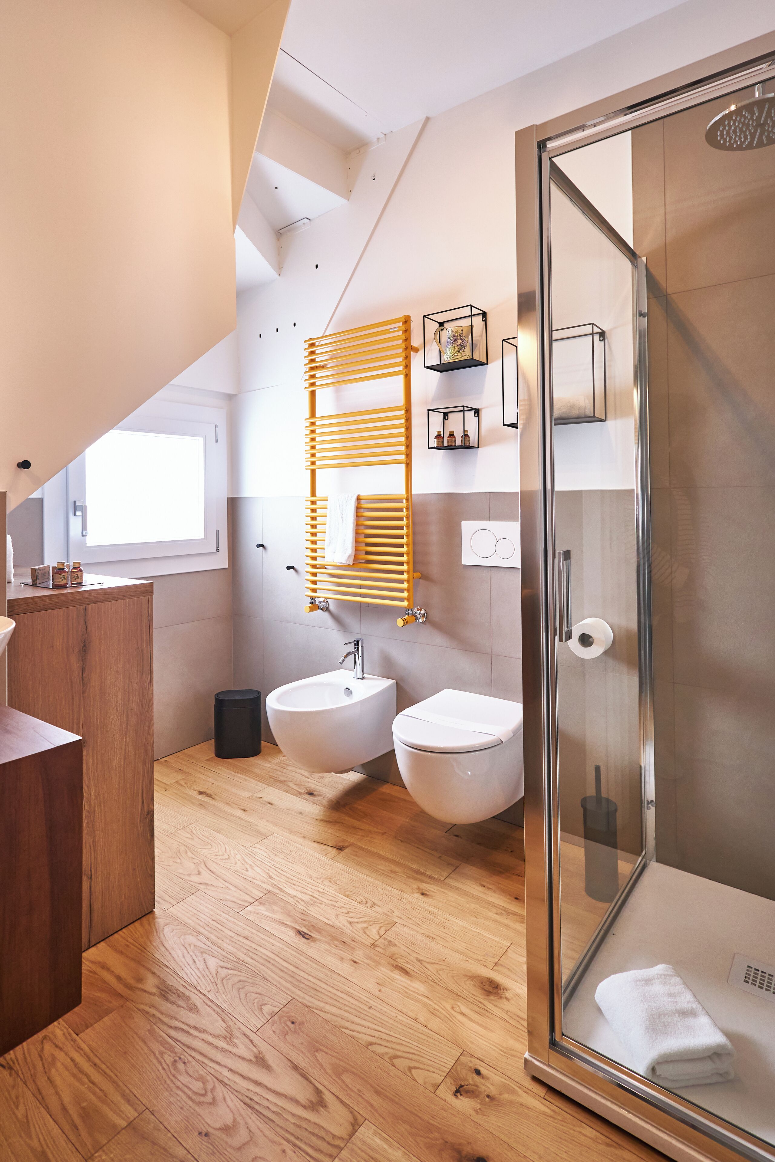 Shower, eco-friendly toiletries, hair dryer, bathrobes