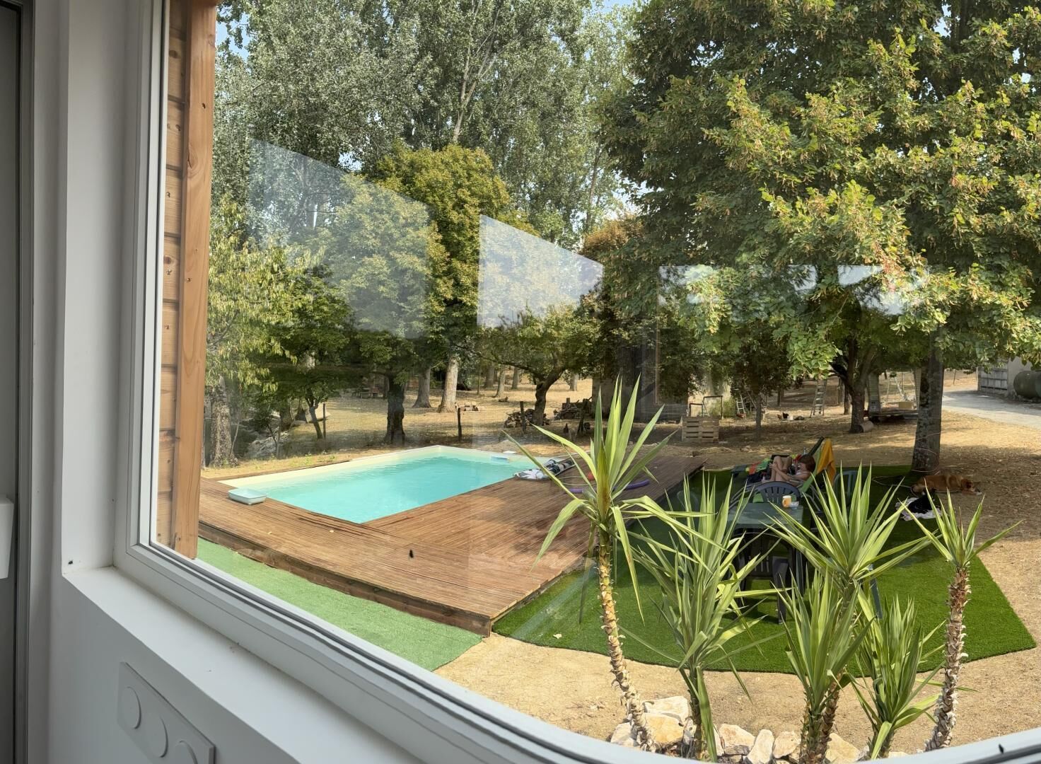 A view of a swimming pool surrounded by trees and a grassy area.