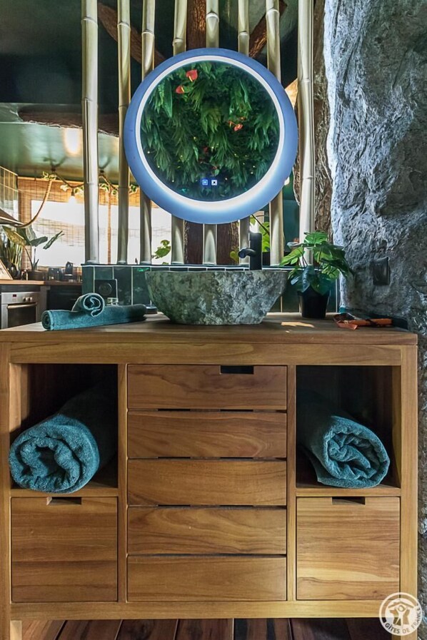 A wooden vanity with a circular mirror, a stone basin, and a potted plant.